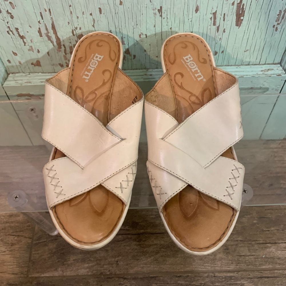 Women’s Born white leather crossover wedge slip-on sandals